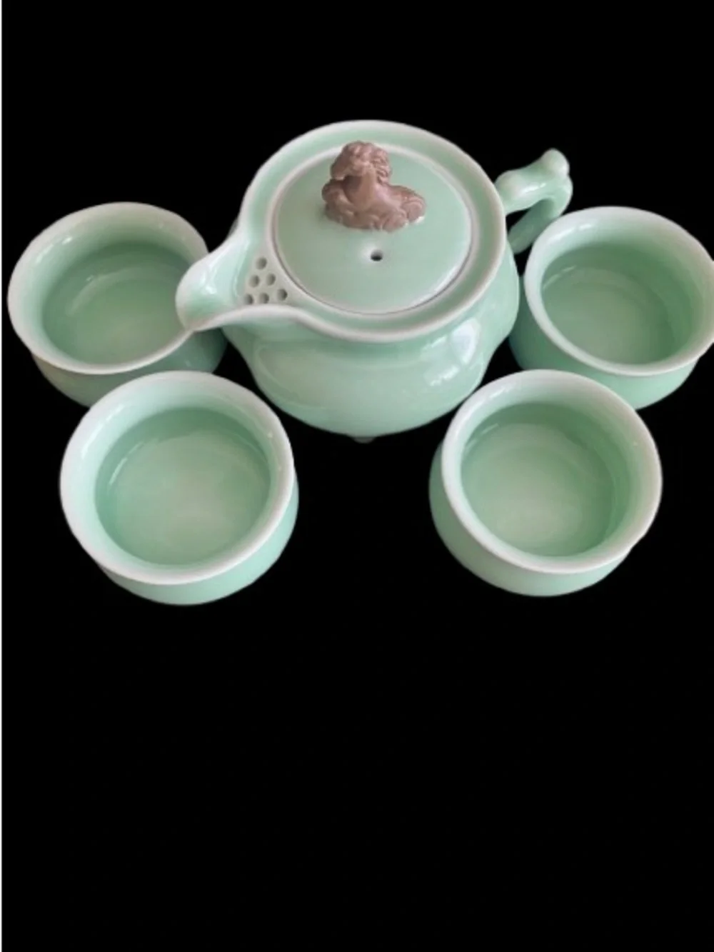 Vtg Chinese Gongfu Celadon Tea Pot 4 Cups Set Jade Green Glaze Horse On The Lid